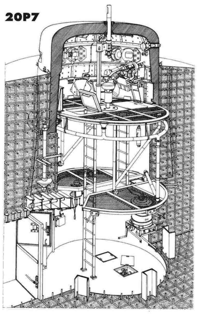 A cutaway drawing of the 20P7 turret, in position within a bunker. 