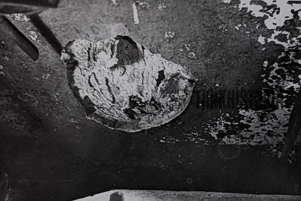 Tiger II upper glacis from the inside after HESH hit.