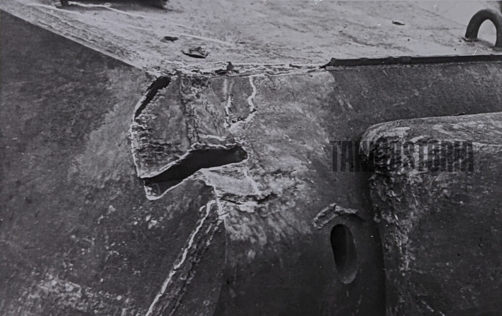 Damage to the front right turret cheek.